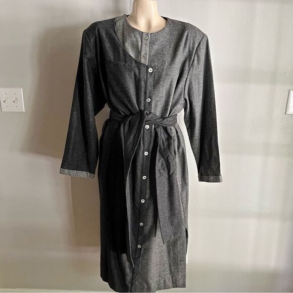 Vintage 70s Oleg Cassini Gray Belted Midi Dress Wool Blend Button Front two tone - Picture 11 of 11